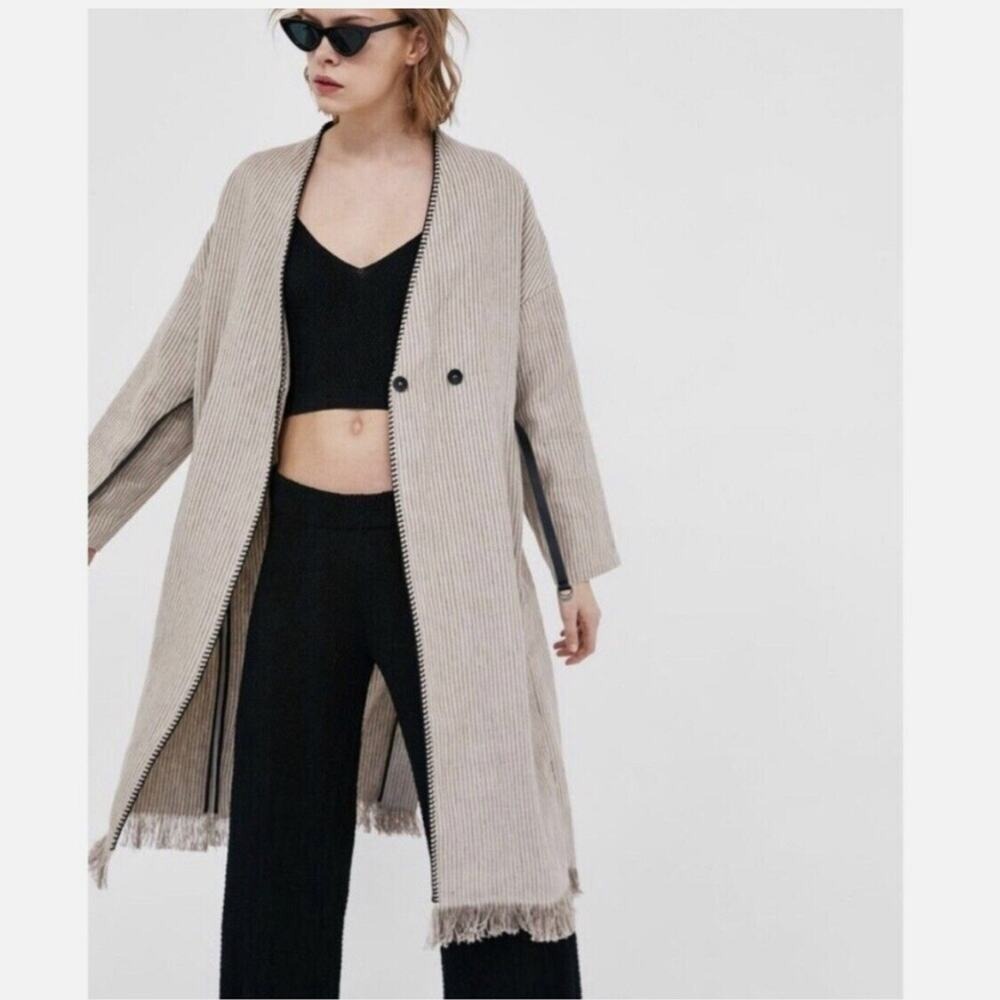 Zara Woman 100% Linen Striped Duster Coat Whipstitch Trim Beige XS Open‎ Front